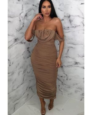 Femme Luxe Bardot Cowl Neck Ruched Midi Dress - Brown
