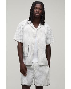BoohooMAN Windowpane Check Blanket Stitch Oversized Short Sleeve Shirt & Baggy Set - White