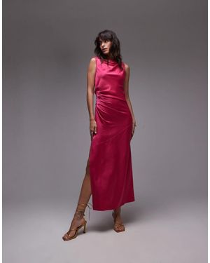 TOPSHOP Knot Shoulder Pintuck Waist Satin Midi Dress - Pink