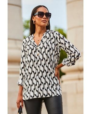 Sosandar Geometric Print Button Detail Tunic Top - White