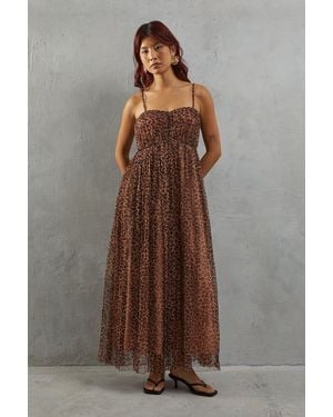 Warehouse Tulle Print Strappy Bandeau Maxi Dress - Brown