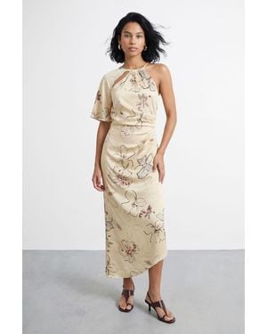 Warehouse Floral Print Asymmetric One Sleeve Bias Maxi Dress With Keyhole - Natural