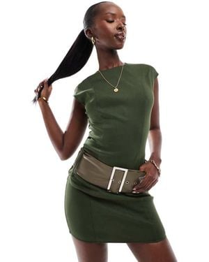Kaiia Exclusive Bengaline High Neck Oversized Belt Detail Mini Dress - Green