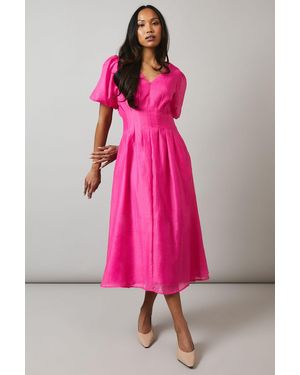 PRINCIPLES Pleat Detail Puff Sleeve Midi Dress - Pink