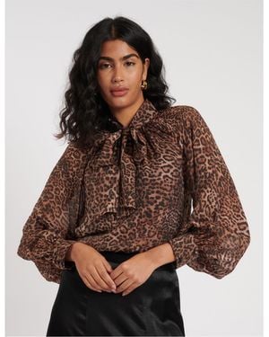 Nobody's Child Nobodys Tie Neck Relaxed Fit Long Sleeve Blouse - Brown