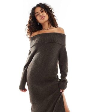 Weekday Malena Bardot Knitted Maxi Dress With Side Split - Black