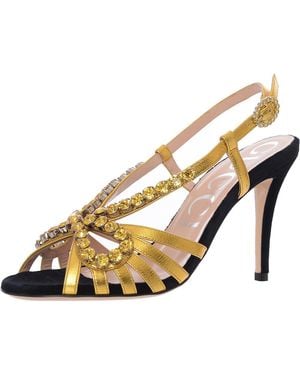 Gucci Crystal Embellished Metallic Leather Heels - Natural