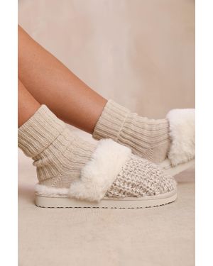 Where's That From Knitted Fur-Trimmed Slip-On Slippers - Natural