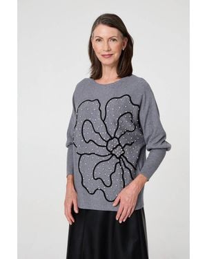 Izabel London Sparkle Floral Trim Batwing Sleeve Top - Grey