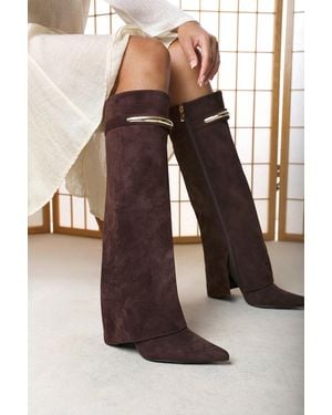 Where's That From Wheres Nareva Fold Over Shark Block Heel Point Toe Boots With Trim Detail - Brown