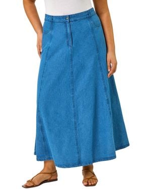 Roman Curve Cotton Denim Swing Skirt - Blue