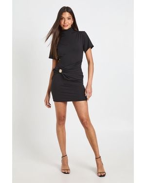 Boohoo Slinky Cap Sleeve Trim Wrap Waist Mini Dress - Black