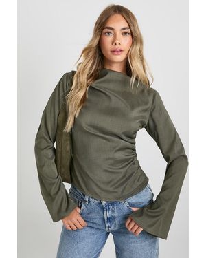Boohoo High Neckline Ruched Top - Green