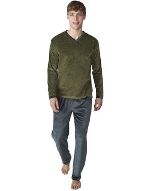 J&j Brothers Jjbfp801 Herenpyjama Van Fluweel Met Lange Mouwen - Groen