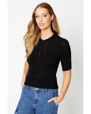 Oasis Button Front Knitted Polo - Black