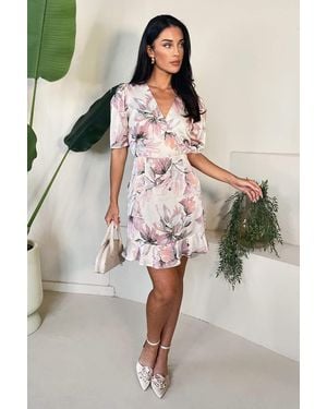 AX Paris Floral Print Wrap Top Short Sleeve Mini Dress - Natural