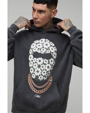 BoohooMAN Tall Oversized Daisy Ski Mask Washed Printed Hoodie - Black