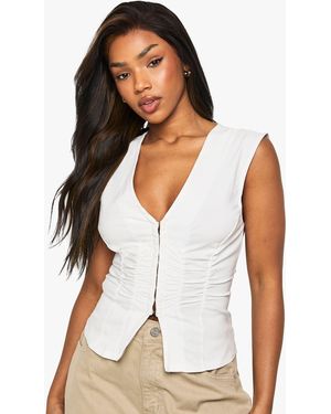 Boohoo Bengaline Ruched Sleeveless Hook & Eye Top - White