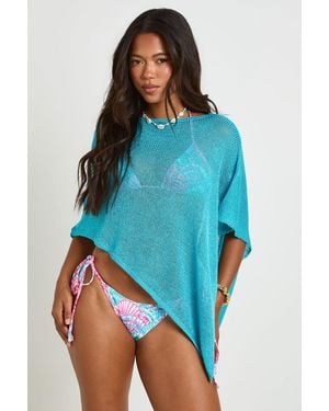 Boohoo Slash Neck Sheer Knit Cape - Blue
