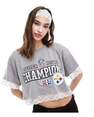 Reclaimed Vintage Revived X Glass Onion Crop Sport Tee With Lace Hem - Grey