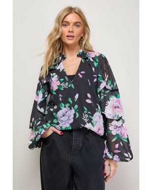 Oasis Cape Detail Trim Balloon Sleeve Boho Blouse - Blue