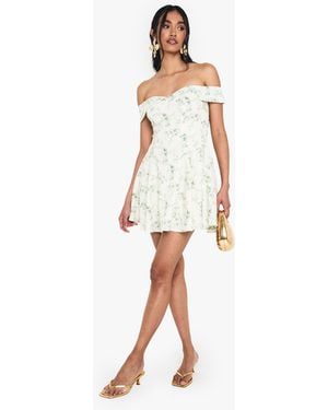 Boohoo Floral Print Bardot Skater Mini Dress - White