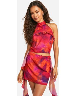 Boohoo Printed Frill Detail Woven Top - Red