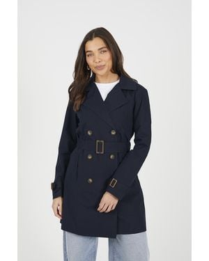 Brave Soul Double Breasted Belted Trench Coat - Blue