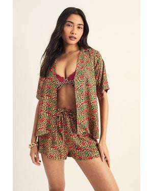 Nasty Gal Leopard Cherry Resort Shirt And Shorts Beach Set - Brown