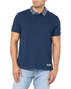 True Religion Polo Shirt Branded Collar Ss Pique Top - Blue