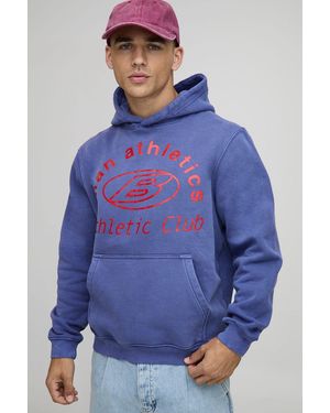 BoohooMAN Regular Fit Athletic Club Washed Printed Hoodie - Blue
