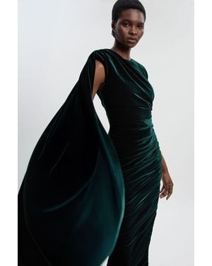 Karen Millen Petite Stretch Velvet Crew Neck Cape Shoulder Maxi Dress - Blue