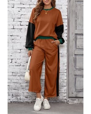 Azura Exchange Kleurblokken Lange Mouwen Broekset - Bruin