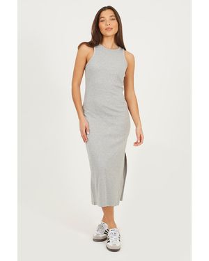 Brave Soul Crew Neck Bodycon Midi Dress With Slit Detail - White