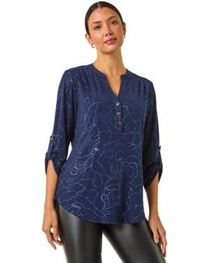Roman Metallic Linear Floral Stretch Shirt - Blue