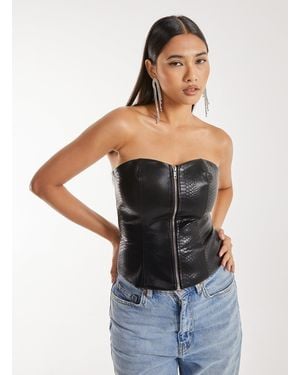 Pink Vanilla Snake Pu Lace Up Corset Top - Black