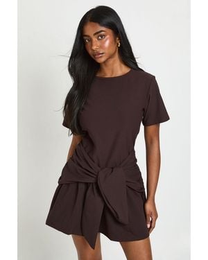 Boohoo Tie Waist Long Sleeve Smock Dress - Brown