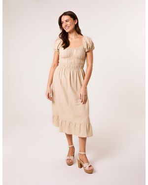 Blue Vanilla Puff Sleeve Shirred Panel Dress - Natural