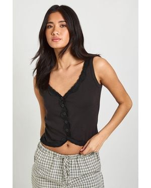Boohoo Ribbed Lace Trim Vest Top - Black