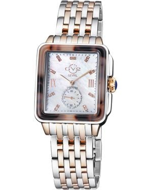 Gevril Gv2 Bari Tortoise Mother Of Pearl Dial Two Tone Ip Rose Bracelet Swiss Quartz Diamond Watch - White