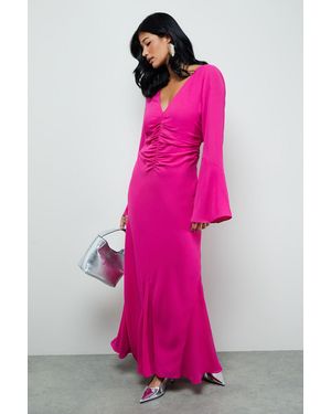 Oasis Premium Georgette Ruched Front Flutter Cuff Maxi Dress - Pink