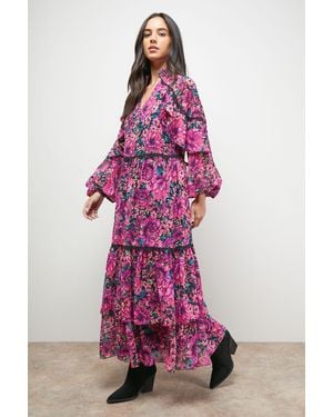 Oasis Printed Cape Detail Lace Trim Boho Maxi Dress - Pink