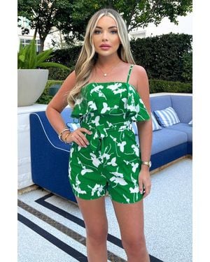 AX Paris And Floral Printed Frill Top Belted Playsuit - Green