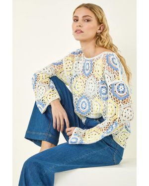 Roman Floral Crochet Knit Top - Blue