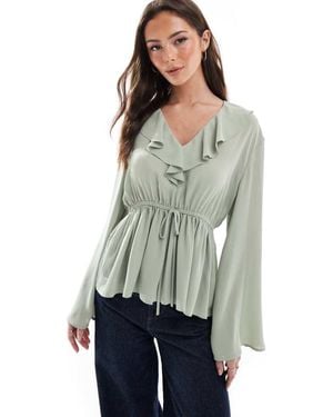 ASOS V Neck Frill Top With Peplum Hem - Grey
