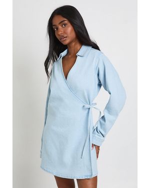 Boohoo Wrap Front Denim Dress - Blue