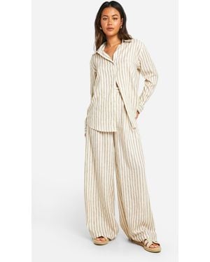 Boohoo Stripe Linen Look Wide Leg Trousers - Natural