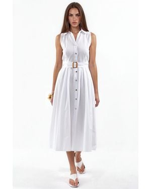 Busem Belted Sleeveless Poplin Shirt Midi Dress - White