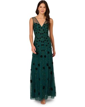 Adrianna Papell Beaded Mesh Illusion Dress - Green