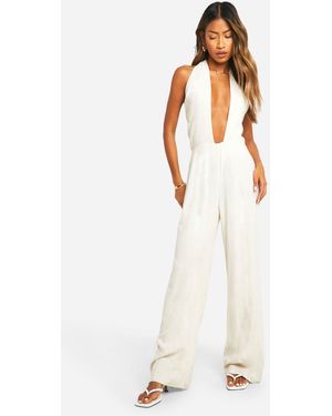 Boohoo Linen Look Halterneck Jumpsuit - White